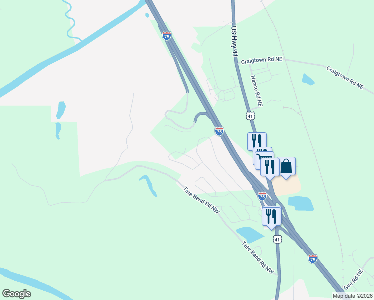 map of restaurants, bars, coffee shops, grocery stores, and more near 107 Rons Court Northwest in Calhoun