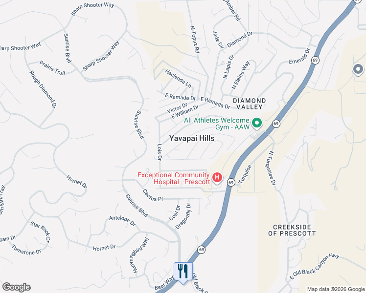 map of restaurants, bars, coffee shops, grocery stores, and more near 4590 East Joan Drive in Prescott