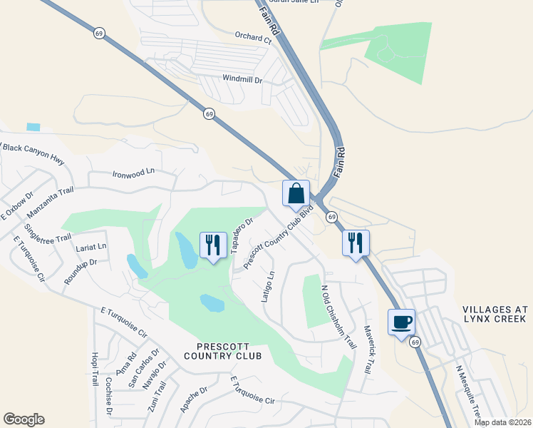 map of restaurants, bars, coffee shops, grocery stores, and more near 1299 Tapadero Drive in Yavapai
