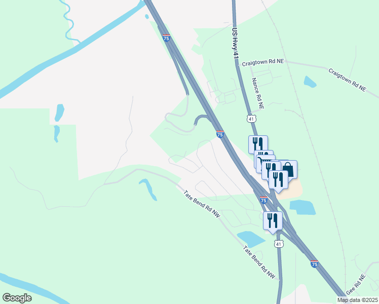 map of restaurants, bars, coffee shops, grocery stores, and more near 107 Rons Court Northwest in Calhoun
