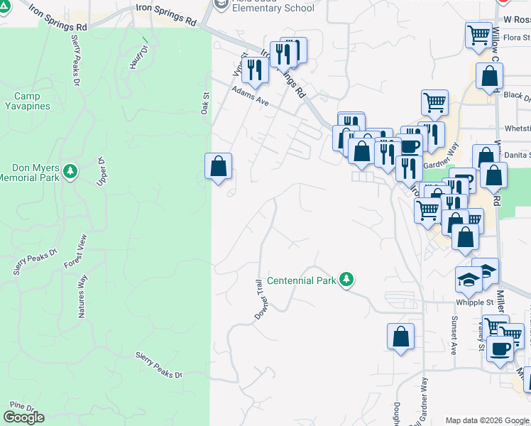 map of restaurants, bars, coffee shops, grocery stores, and more near 1354 Rockwood Drive in Prescott