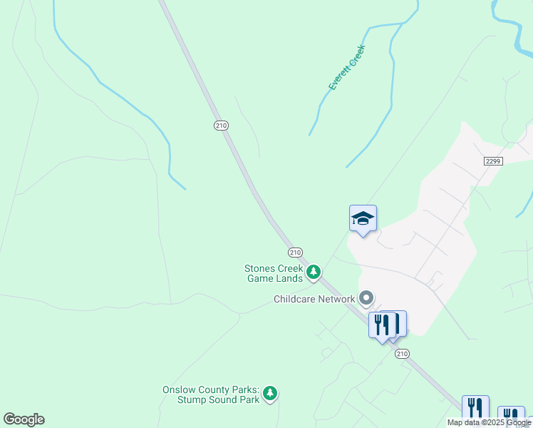 map of restaurants, bars, coffee shops, grocery stores, and more near Rifle Range Road in Onslow County