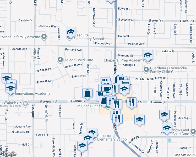 map of restaurants, bars, coffee shops, grocery stores, and more near 37311 47th Street East in Palmdale