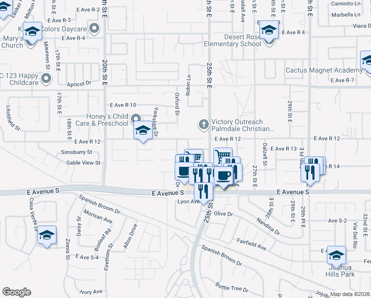 map of restaurants, bars, coffee shops, grocery stores, and more near 37335 Robin Lane in Palmdale