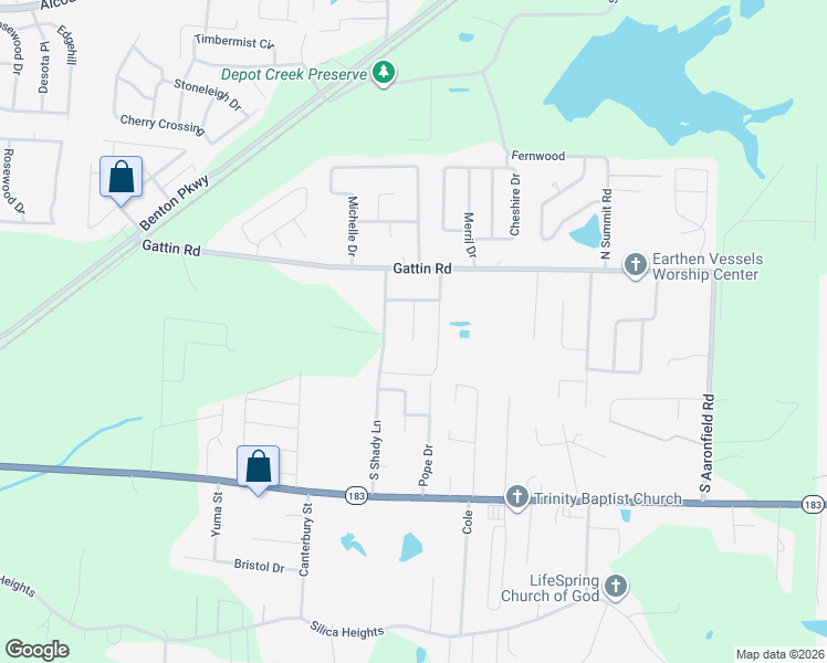 map of restaurants, bars, coffee shops, grocery stores, and more near 203 Texas Drive in Benton