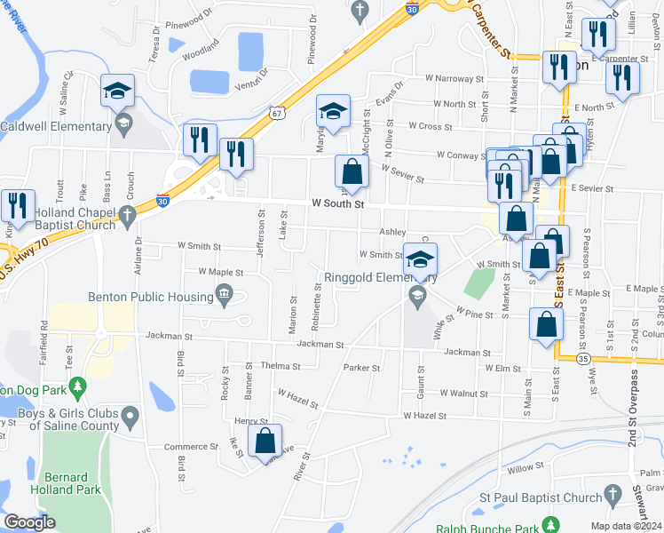 map of restaurants, bars, coffee shops, grocery stores, and more near 318 Dobbs Street in Benton