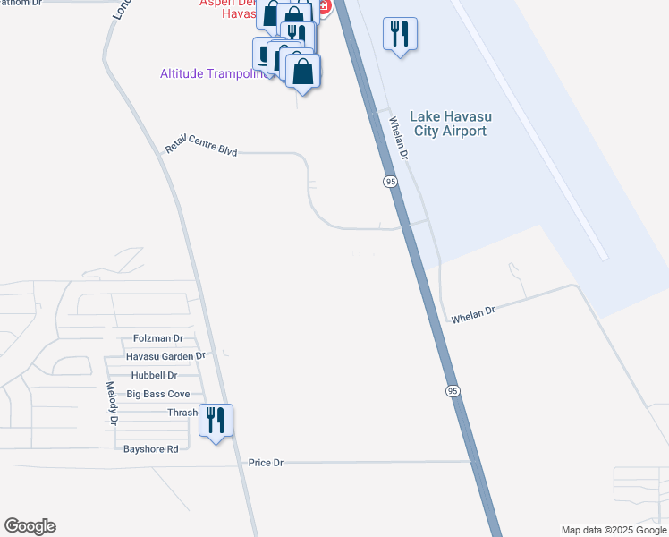 map of restaurants, bars, coffee shops, grocery stores, and more near 100 Retail Centre Boulevard in Lake Havasu City