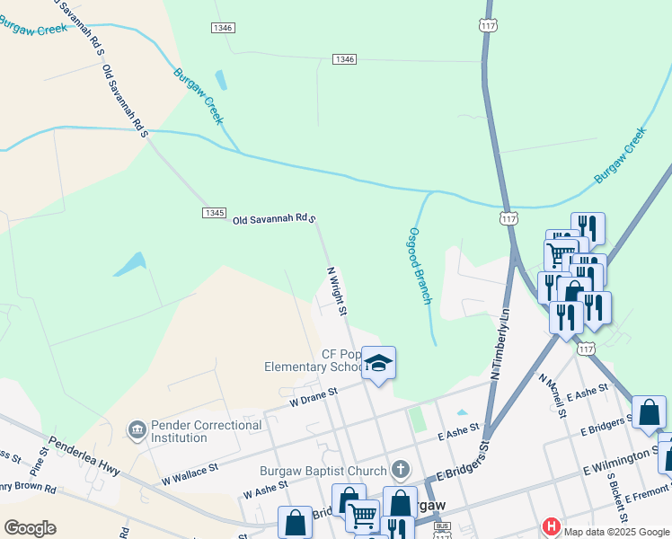 map of restaurants, bars, coffee shops, grocery stores, and more near 722 North Wright Street in Burgaw