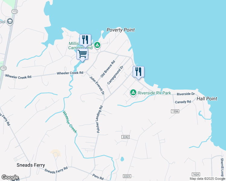 map of restaurants, bars, coffee shops, grocery stores, and more near 251 Fulcher Landing Road in Sneads Ferry