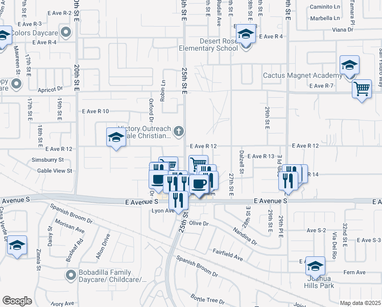 map of restaurants, bars, coffee shops, grocery stores, and more near 2513 East Avenue R 13 in Palmdale