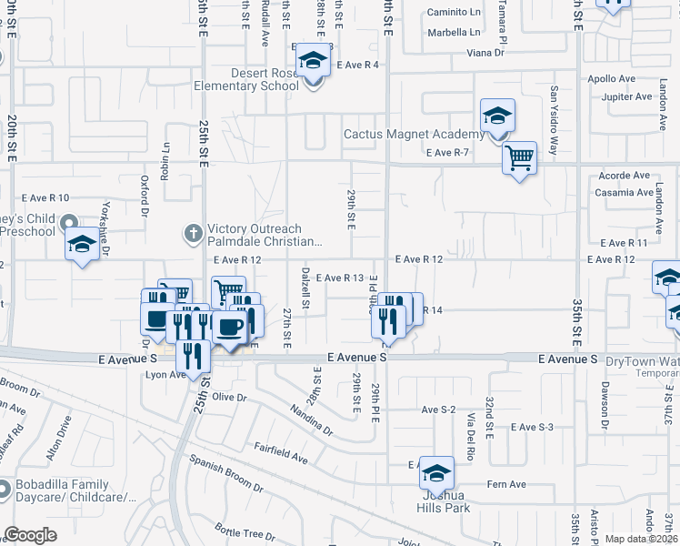 map of restaurants, bars, coffee shops, grocery stores, and more near 2823 East Avenue R 13 in Palmdale