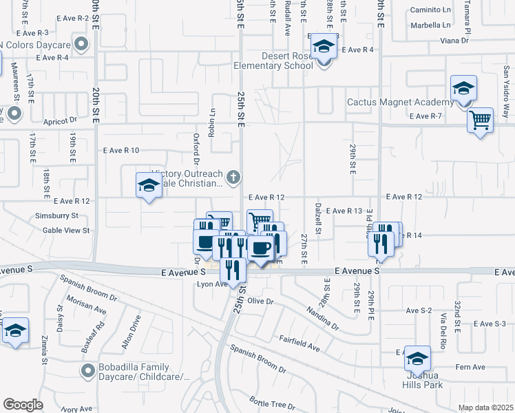 map of restaurants, bars, coffee shops, grocery stores, and more near 2513 East Avenue R 13 in Palmdale