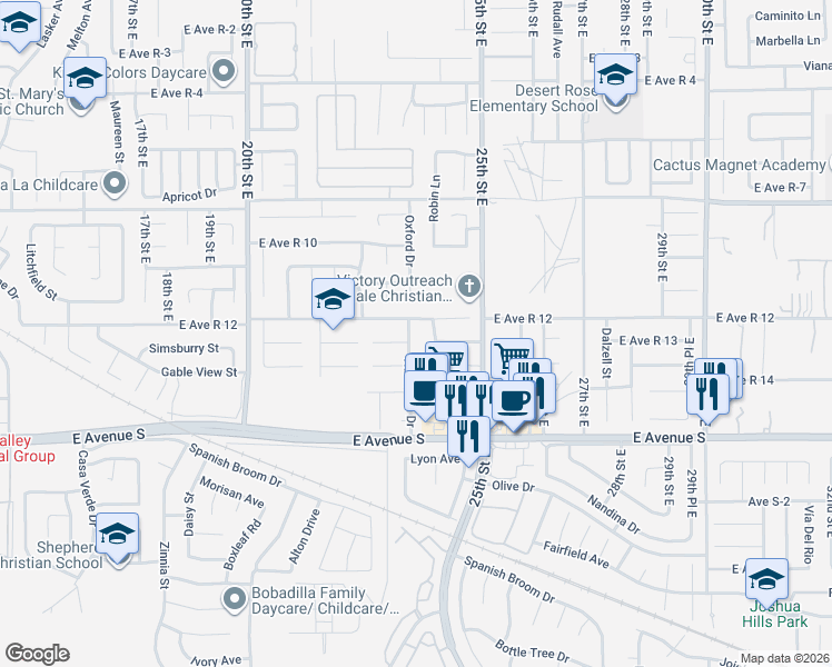 map of restaurants, bars, coffee shops, grocery stores, and more near 37352 Halfmoon Drive in Palmdale