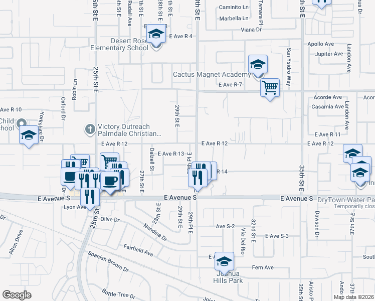 map of restaurants, bars, coffee shops, grocery stores, and more near 2923 East Avenue R 13 in Palmdale