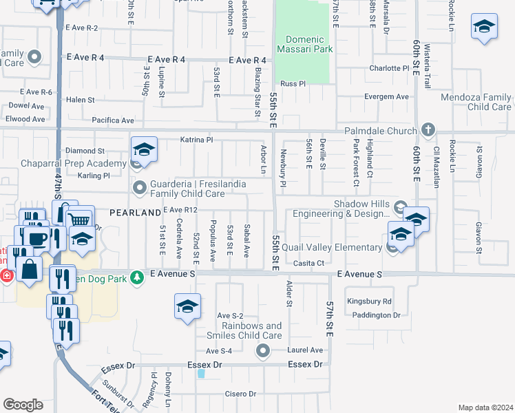 map of restaurants, bars, coffee shops, grocery stores, and more near 5349 East Avenue R 12 in Palmdale
