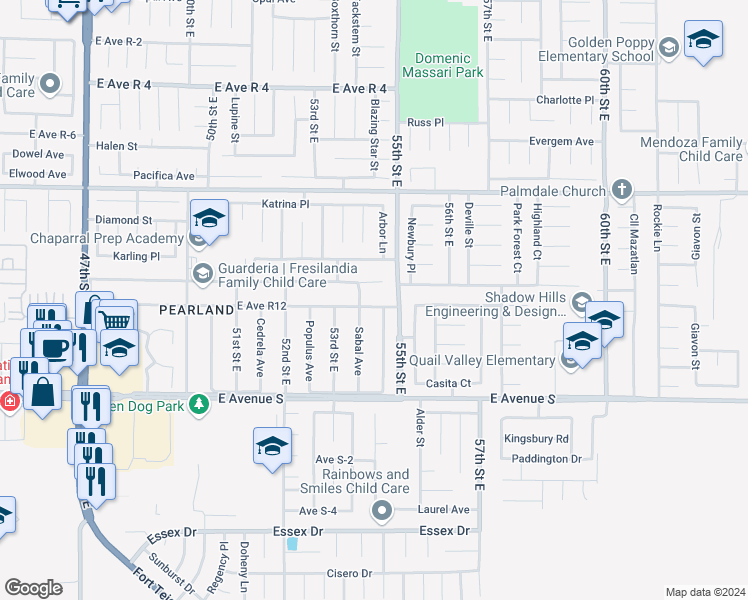 map of restaurants, bars, coffee shops, grocery stores, and more near 5349 East Avenue R 12 in Palmdale