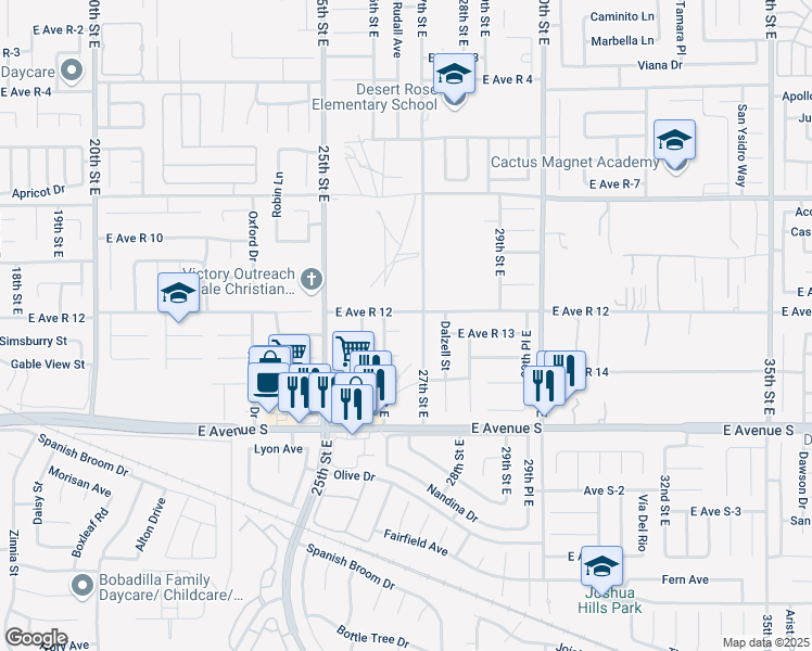 map of restaurants, bars, coffee shops, grocery stores, and more near 2621 East Avenue R 13 in Palmdale