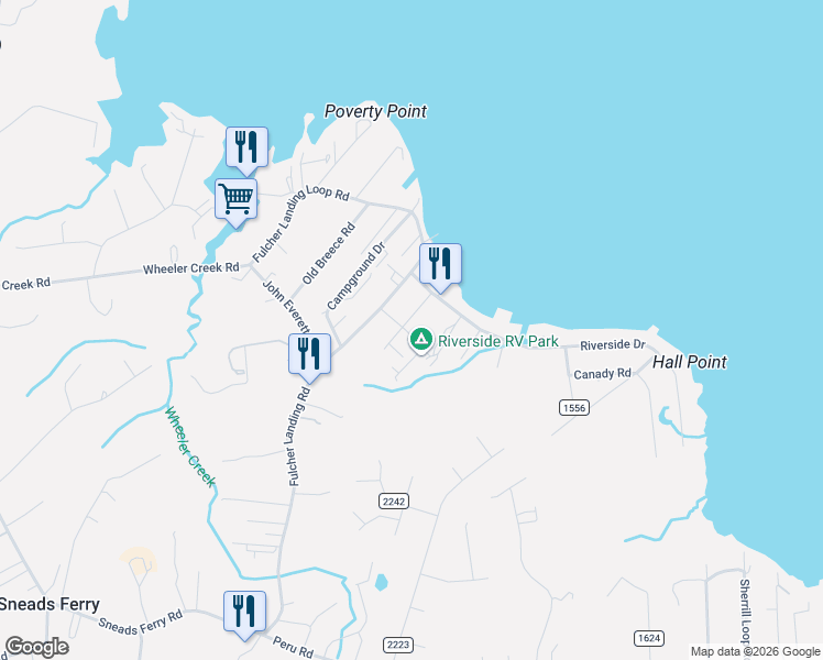 map of restaurants, bars, coffee shops, grocery stores, and more near 301 Cross Street in Sneads Ferry