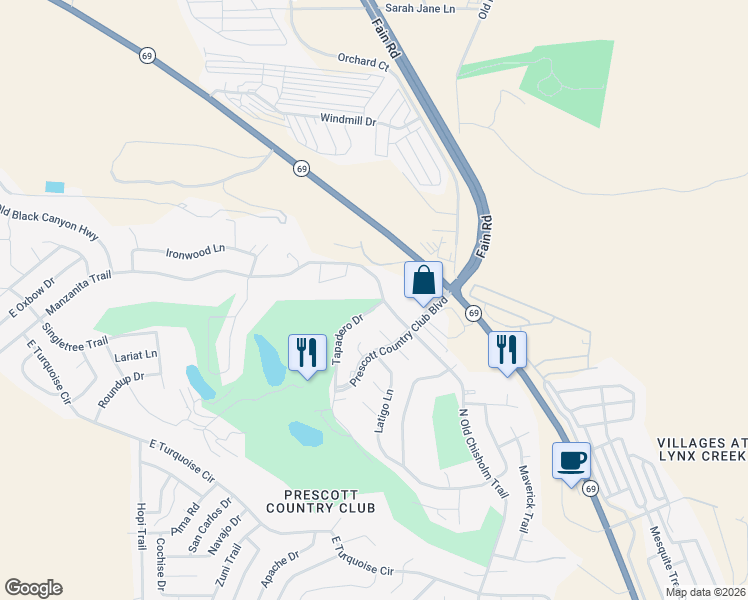 map of restaurants, bars, coffee shops, grocery stores, and more near 1298 Tapadero Drive in Yavapai County