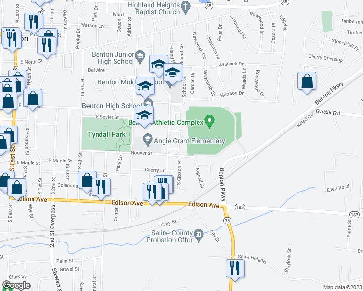 map of restaurants, bars, coffee shops, grocery stores, and more near 112 Winstone Ave in Benton