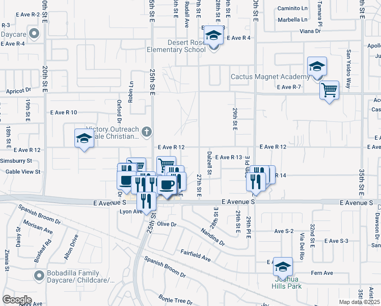 map of restaurants, bars, coffee shops, grocery stores, and more near 2621 East Avenue R 13 in Palmdale