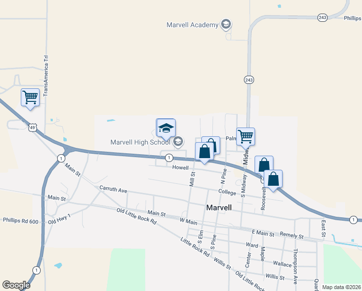 map of restaurants, bars, coffee shops, grocery stores, and more near Route 1 in Marvell