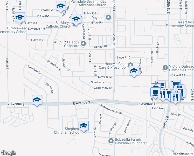 map of restaurants, bars, coffee shops, grocery stores, and more near 1828 East Avenue R12 in Palmdale