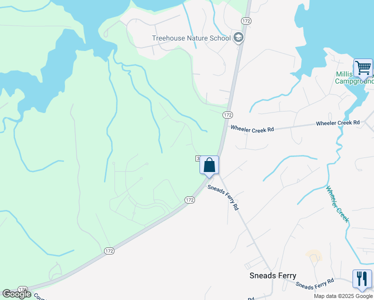 map of restaurants, bars, coffee shops, grocery stores, and more near 203 Ashton Court in Sneads Ferry