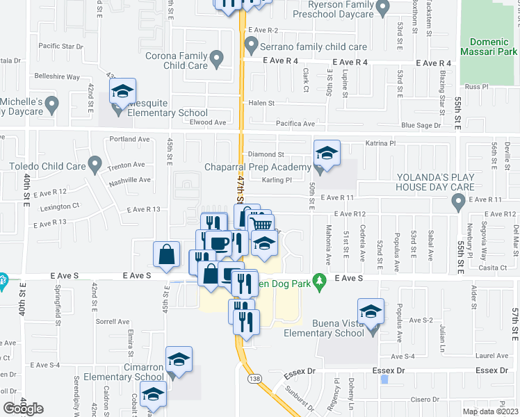 map of restaurants, bars, coffee shops, grocery stores, and more near 4731 East Avenue R 12 in Palmdale