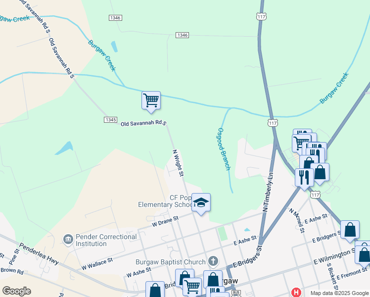 map of restaurants, bars, coffee shops, grocery stores, and more near 722 North Wright Street in Burgaw