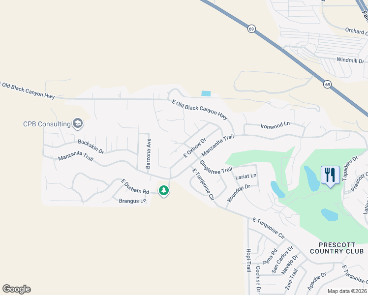 map of restaurants, bars, coffee shops, grocery stores, and more near 10728 East Oxbow Drive in Yavapai County