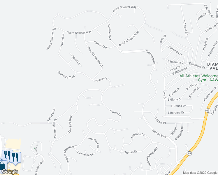 map of restaurants, bars, coffee shops, grocery stores, and more near 4457 Hornet Drive in Prescott