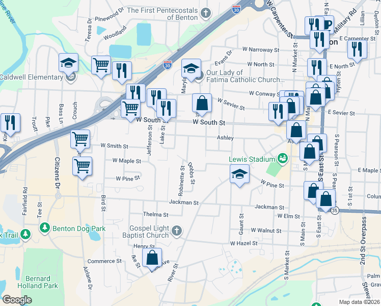 map of restaurants, bars, coffee shops, grocery stores, and more near 308 Dobbs Street in Benton
