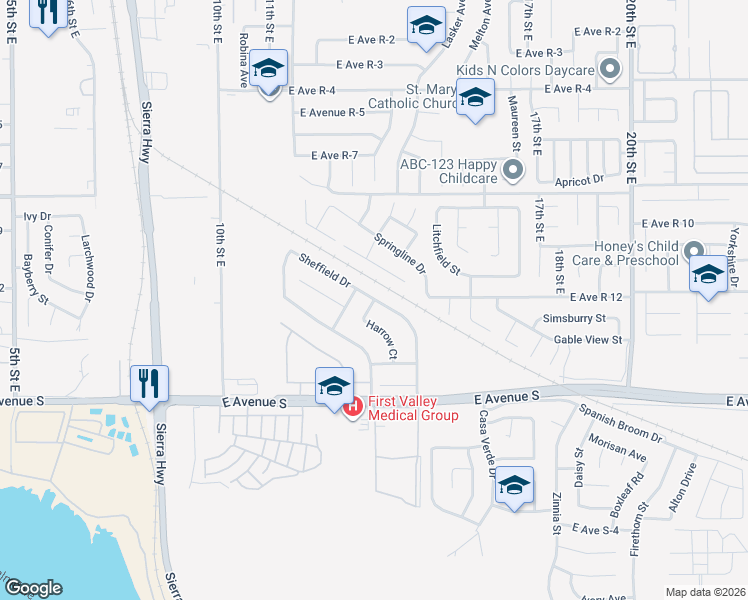 map of restaurants, bars, coffee shops, grocery stores, and more near 37375 Sheffield Drive in Palmdale