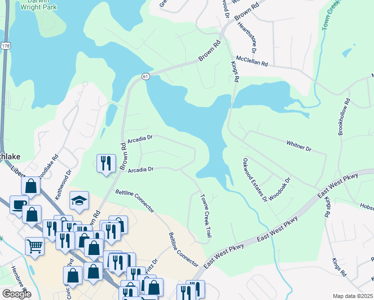 map of restaurants, bars, coffee shops, grocery stores, and more near 403 Arcadia Drive in Anderson