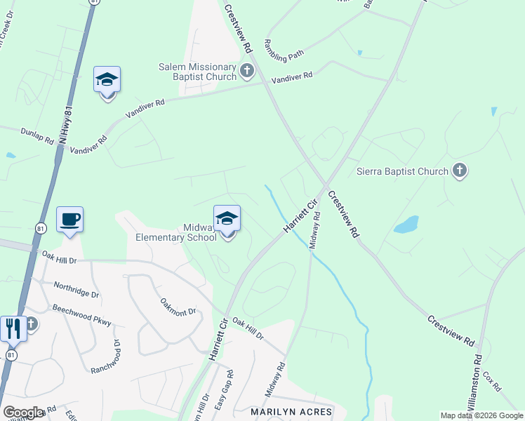 map of restaurants, bars, coffee shops, grocery stores, and more near 1241 Harriett Circle in Anderson