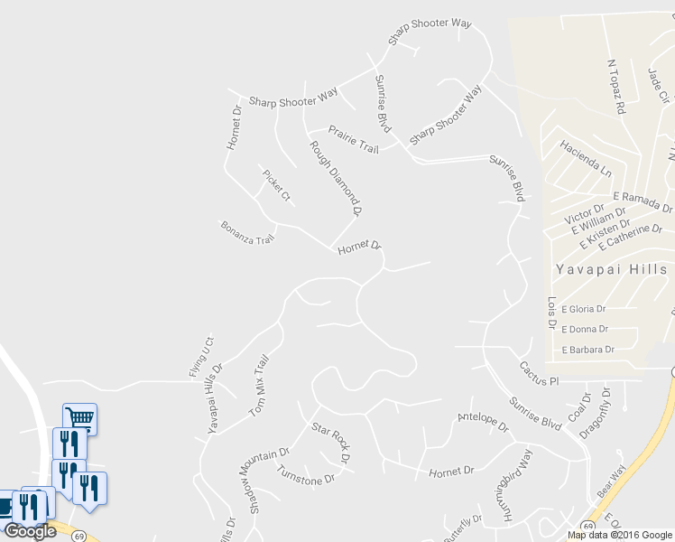 map of restaurants, bars, coffee shops, grocery stores, and more near 1050 Yavapai Hills Drive in Prescott