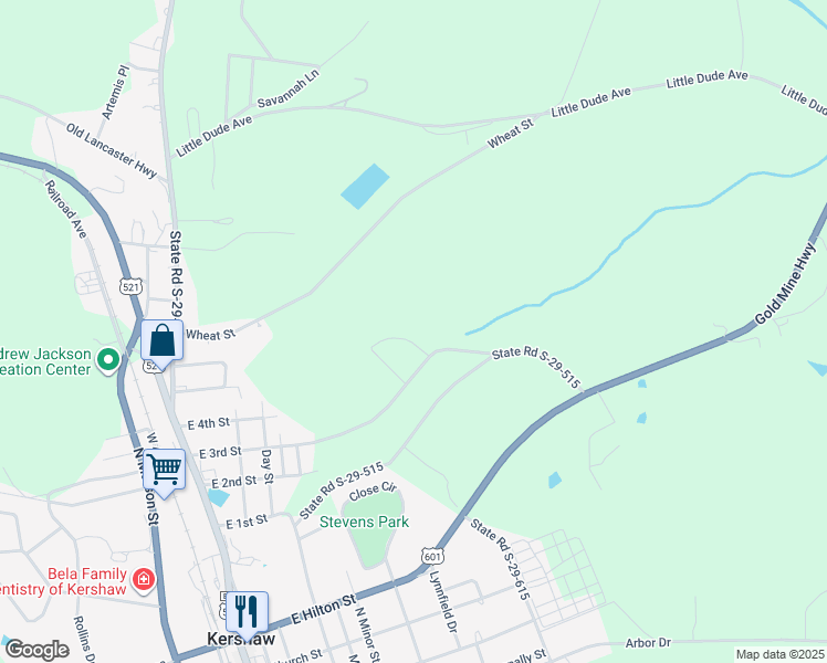 map of restaurants, bars, coffee shops, grocery stores, and more near O Springs Street in Kershaw