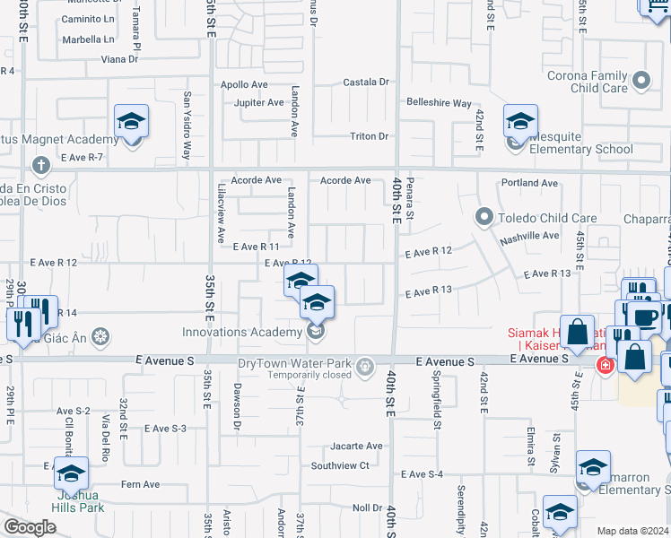 map of restaurants, bars, coffee shops, grocery stores, and more near 3738 East Avenue R12 in Palmdale