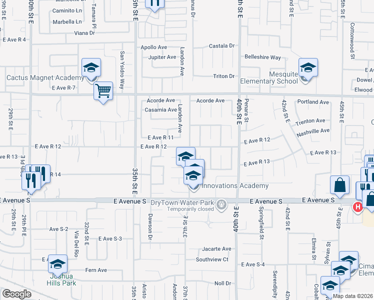 map of restaurants, bars, coffee shops, grocery stores, and more near 37345 37th Street East in Palmdale