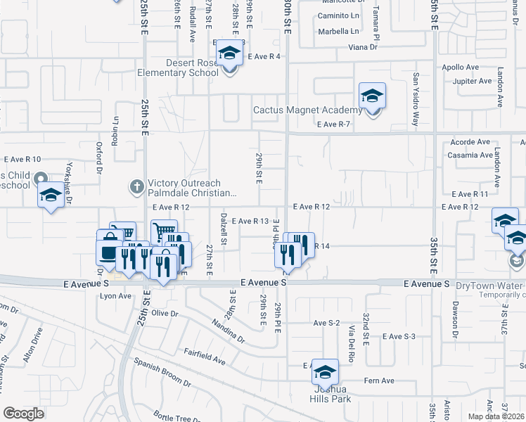 map of restaurants, bars, coffee shops, grocery stores, and more near 2923 East Avenue R 13 in Palmdale