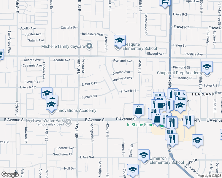 map of restaurants, bars, coffee shops, grocery stores, and more near 4173 East Avenue R 13 in Palmdale