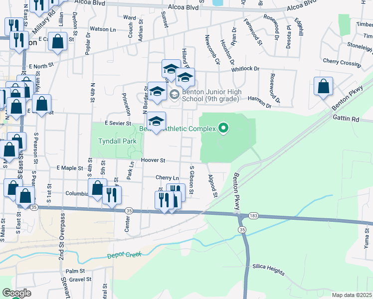 map of restaurants, bars, coffee shops, grocery stores, and more near 1302 Cobblestone Court in Benton