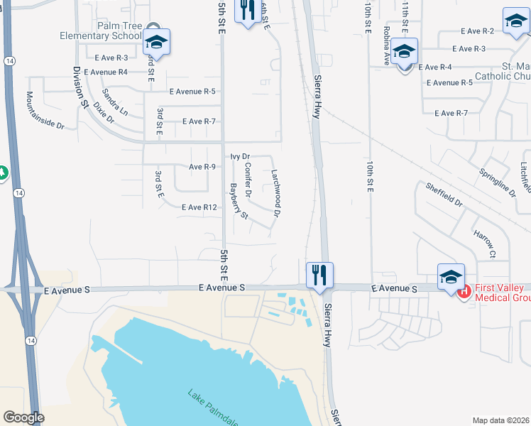 map of restaurants, bars, coffee shops, grocery stores, and more near 578 Conifer Drive in Palmdale