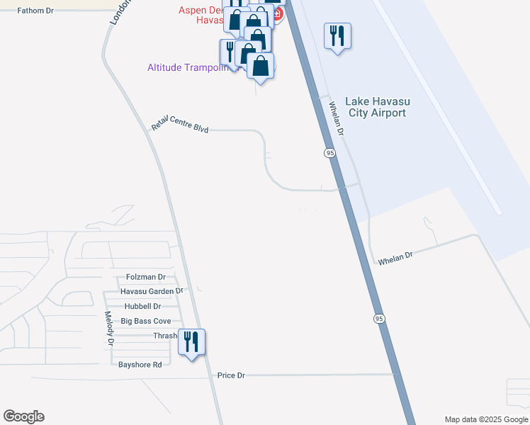 map of restaurants, bars, coffee shops, grocery stores, and more near 81 Retail Centre Boulevard in Lake Havasu City