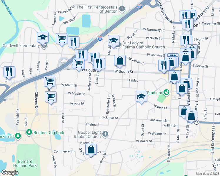 map of restaurants, bars, coffee shops, grocery stores, and more near 308 Dobbs Street in Benton