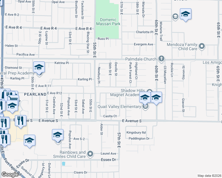 map of restaurants, bars, coffee shops, grocery stores, and more near 5611 East Avenue R 12 in Palmdale