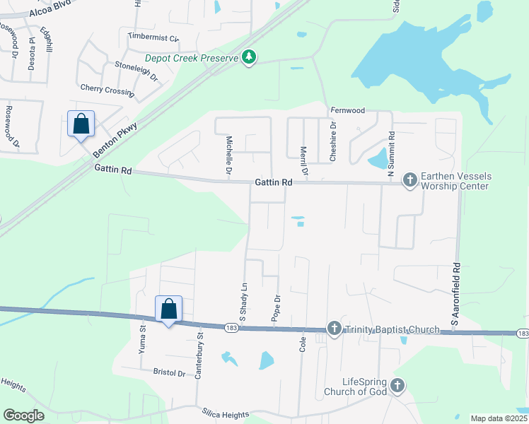 map of restaurants, bars, coffee shops, grocery stores, and more near 203 Texas Drive in Benton