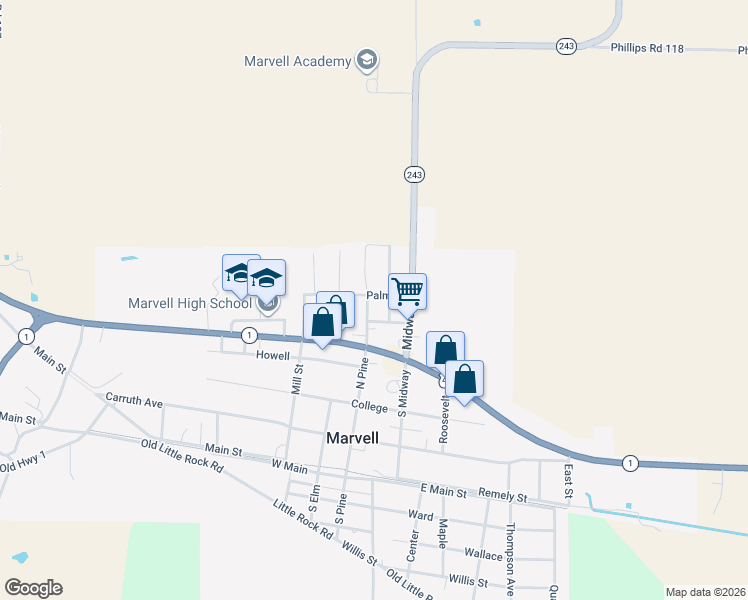 map of restaurants, bars, coffee shops, grocery stores, and more near 205 North Pine Street in Marvell