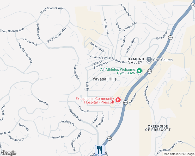 map of restaurants, bars, coffee shops, grocery stores, and more near 4567 East Catherine Drive in Prescott